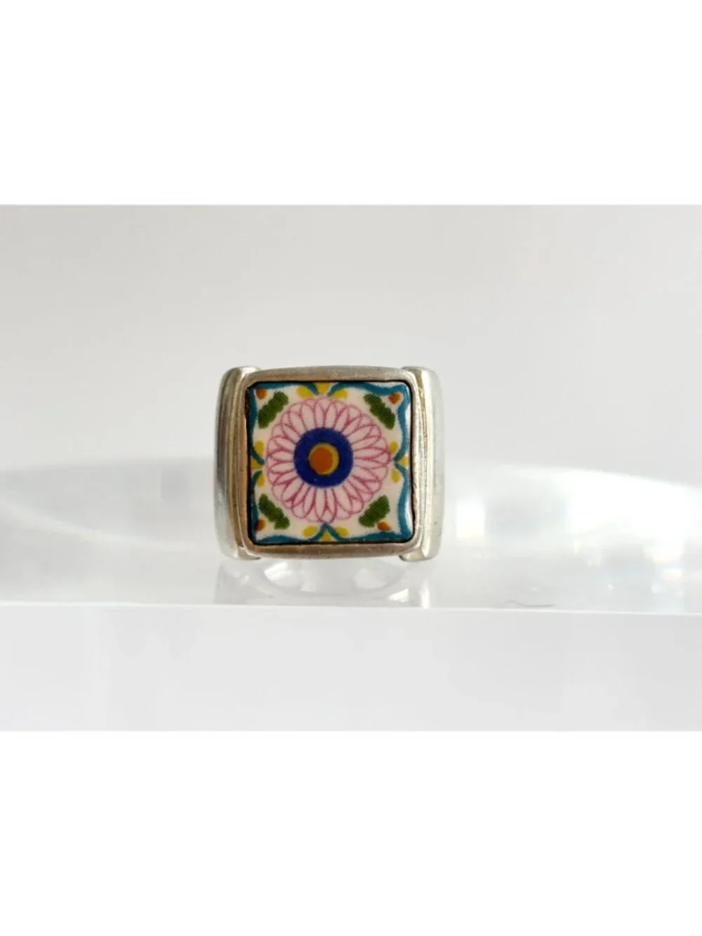 Porcelain Floral Painted Tilework Chunky Sterling Silver 925 Vintage Ring - sz 5